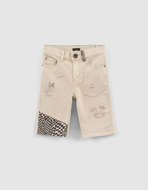 Boys’ beige denim Bermudas with checkerboard panels - IKKS