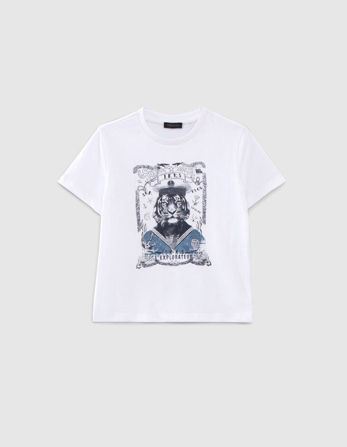 Boys' white organic cotton T-shirt with tiger-sailor image - IKKS