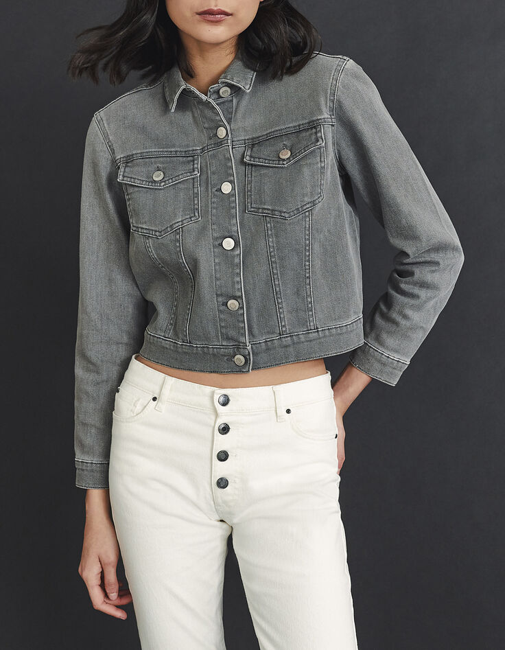 Women’s grey denim jacket embroidered on back-2