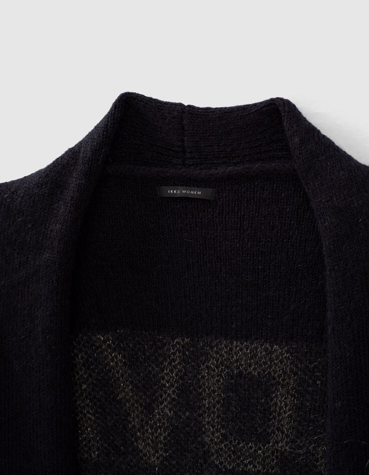 Women’s navy blue knit cardigan with grey intarsia slogan-2