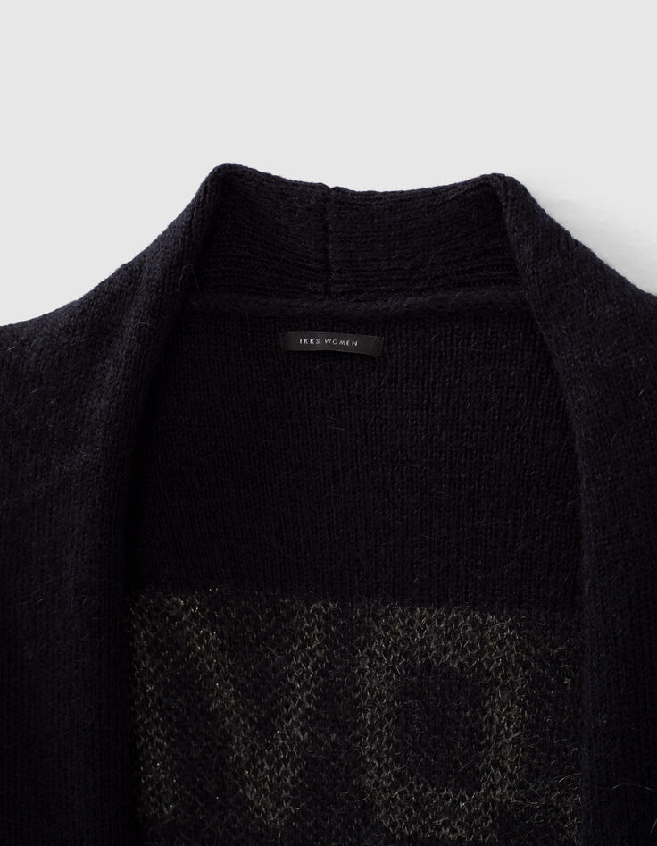 Women’s navy blue knit cardigan with grey intarsia slogan-2 Women’s navy blue knit cardigan with grey intarsia slogan-2