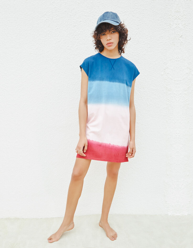 Damenshirtkleid aus Jersey mit blau-rosa Tie-Dye-Optik-6