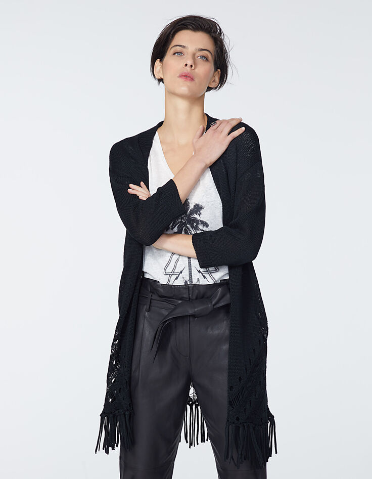 Cárdigan punto tricot negro flecos fantasía mujer-2