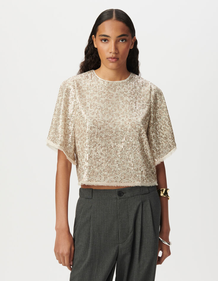 Beige top geborduurde gouden lovertjes vlindermouwen Dames-3