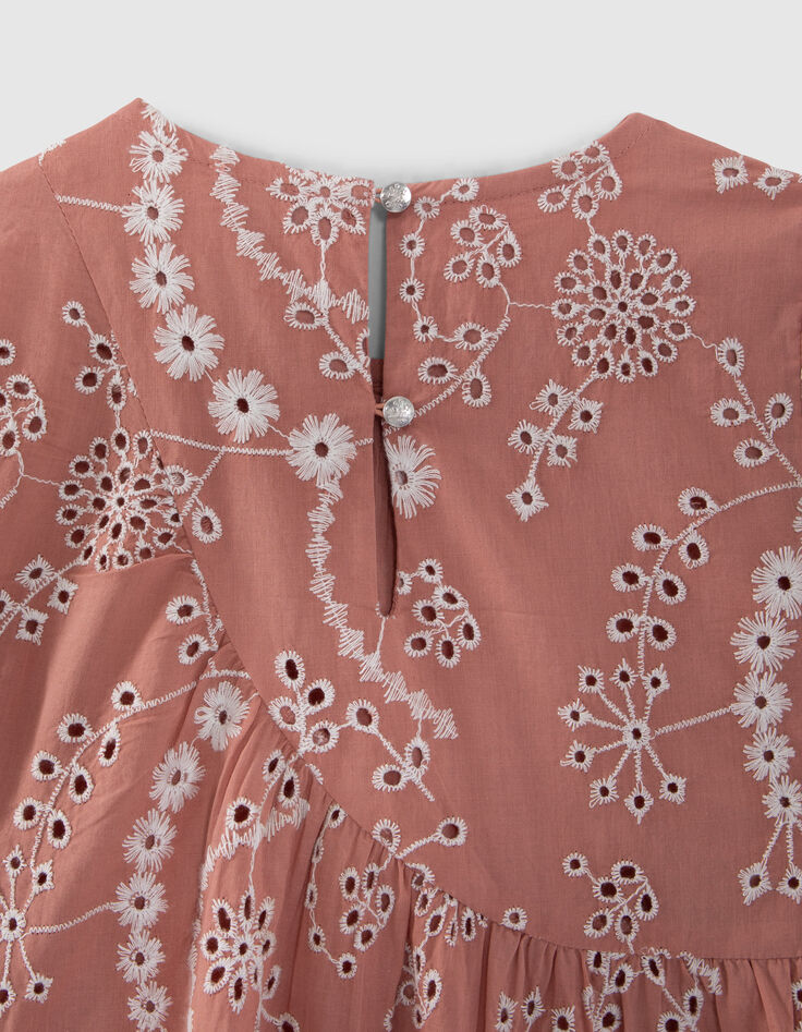 Girls’ old pink organic cotton dress, embroidered flowers-6