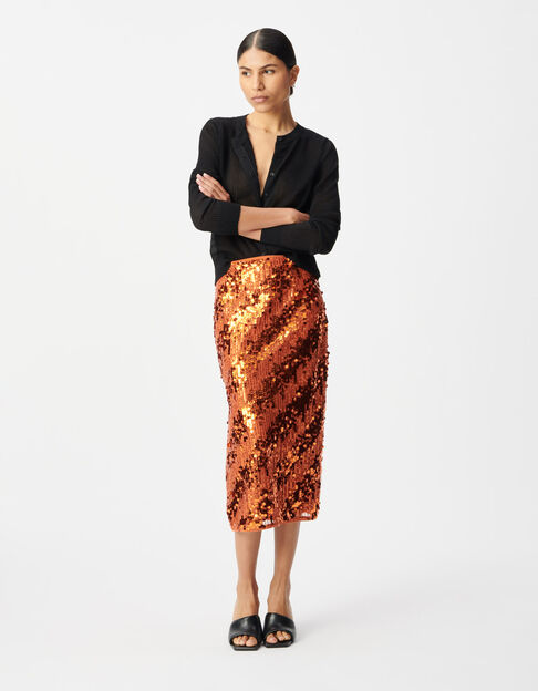 Falda midi de lentejuelas color calabaza Mujer - IKKS