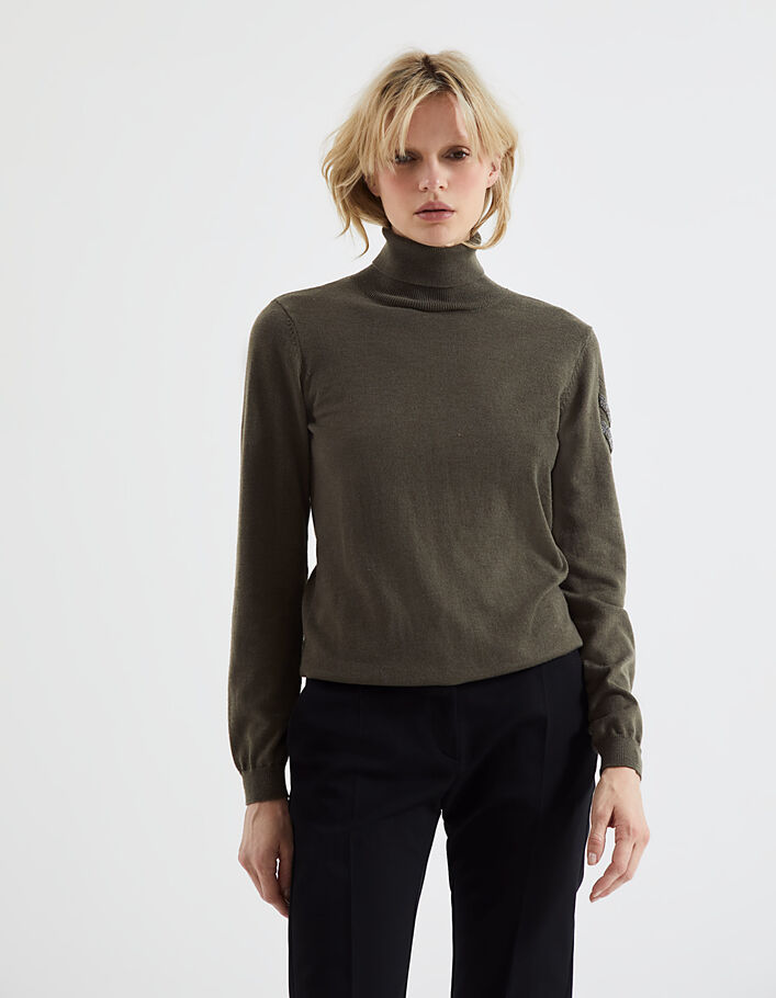 Jersey cuello vuelto caqui joyas estilo militar mujer-7