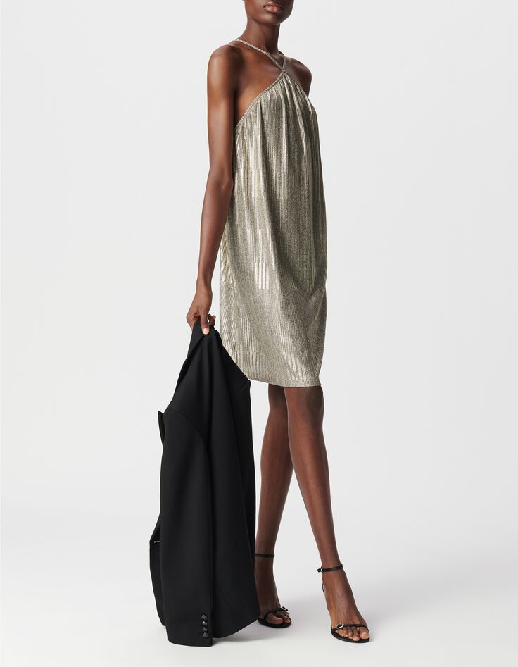 Robe dor&eacute;e maille m&eacute;tallis&eacute;e c&ocirc;tel&eacute;e Femme-5