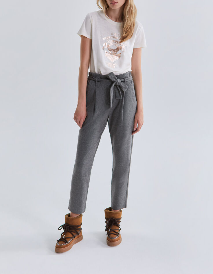 Graue, elegante, knöchellange Damenhose mit hohem Bund-1 Graue, elegante, knöchellange Damenhose mit hohem Bund-1