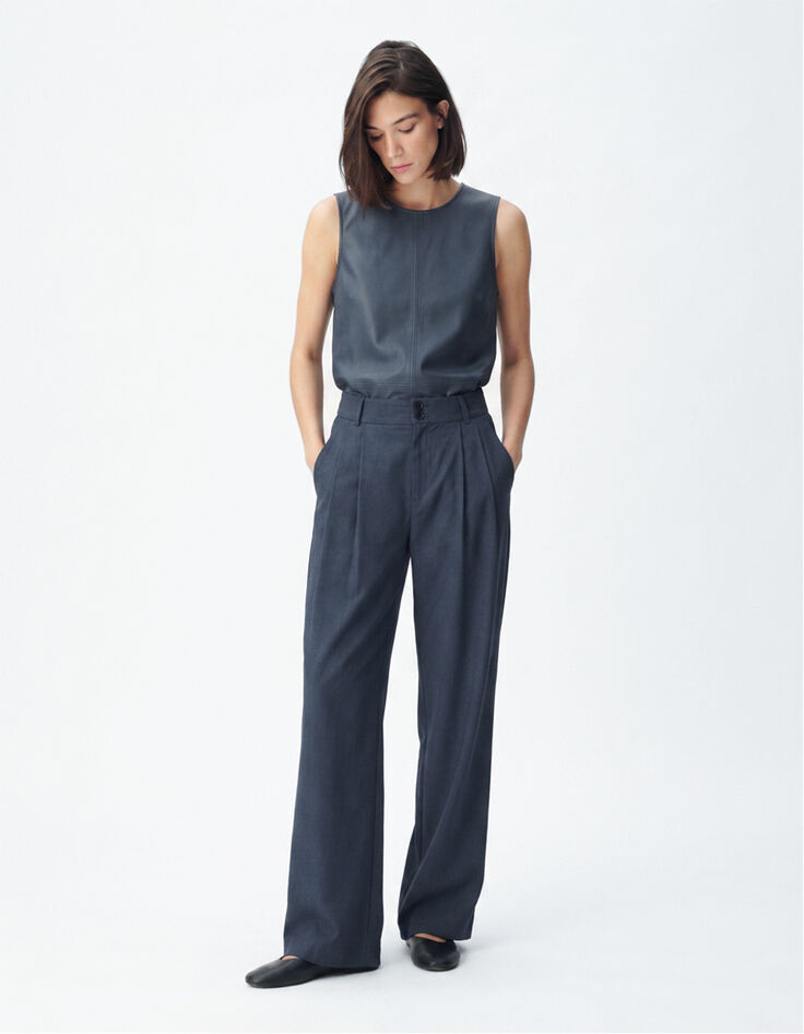 Pantalon large pliss&eacute; bleu gris Femme-1