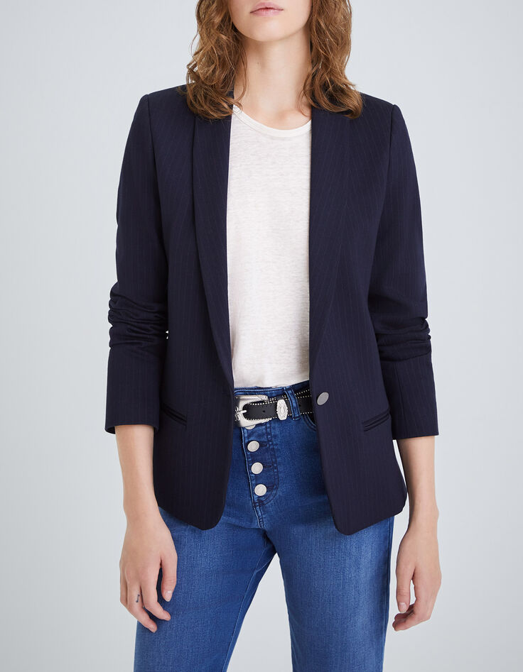 Veste de costume marine maille &agrave; rayures tennis Femme-1