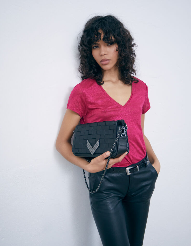 Women’s redcurrant iridescent linen V-neck T-shirt-4 Women’s redcurrant iridescent linen V-neck T-shirt-4