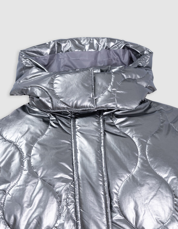 Grey metallic padded jacket with removable hood for girl-5