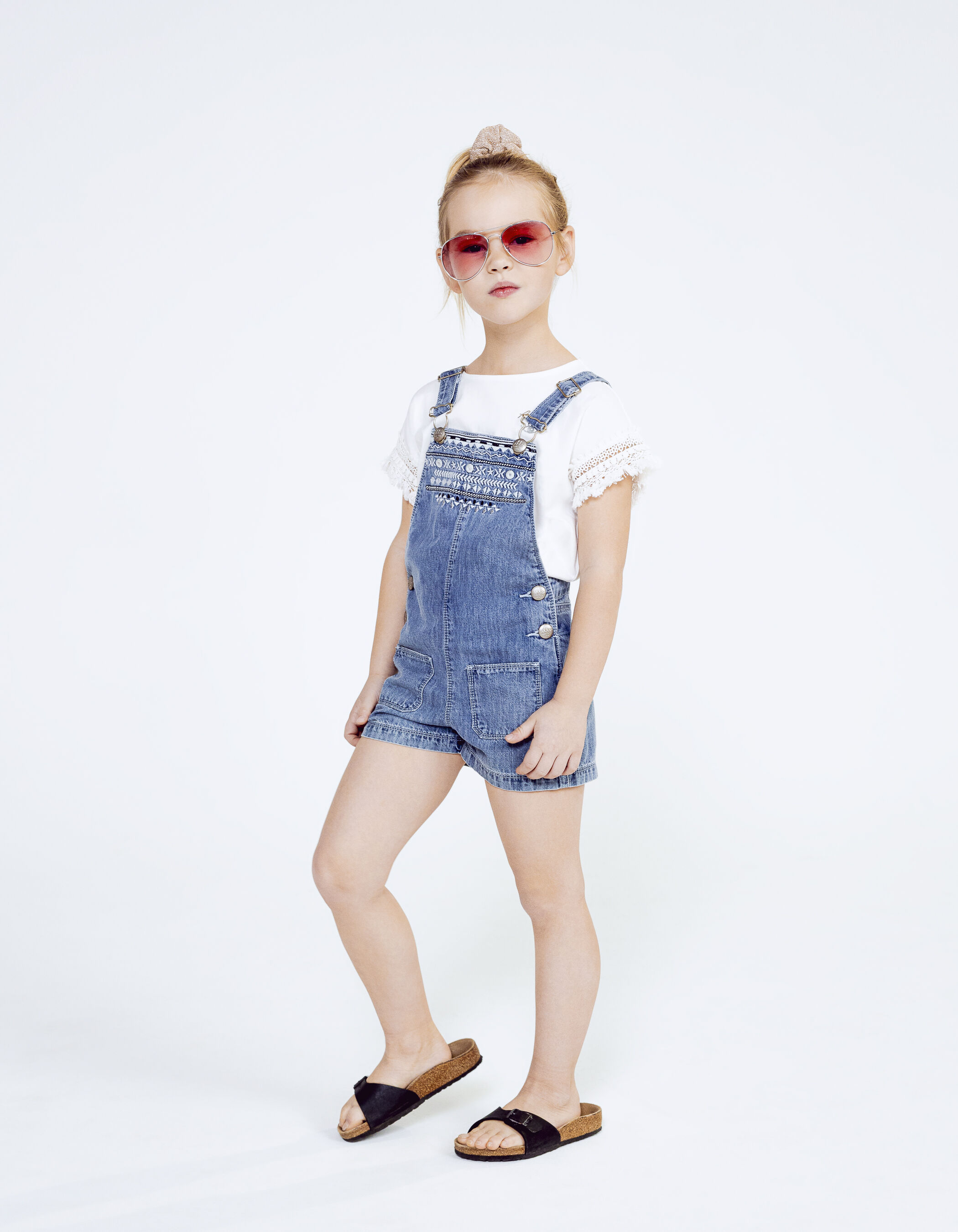 Girls denim short dungarees and white T shirt outfit IKKS