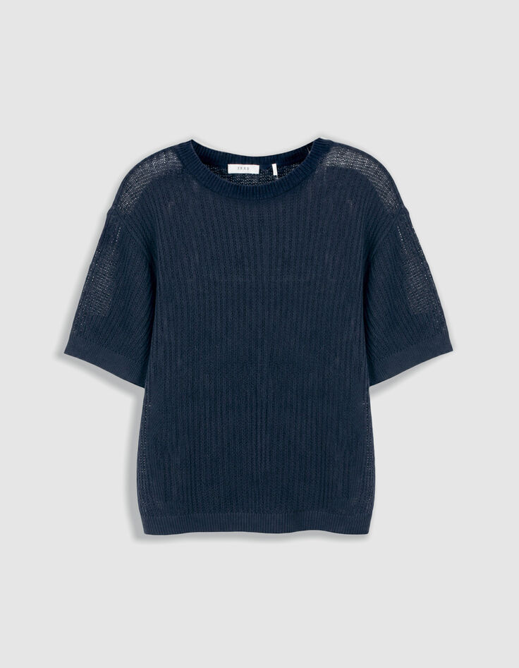 Pull manches courtes marine tricot ajour&eacute; Homme-6