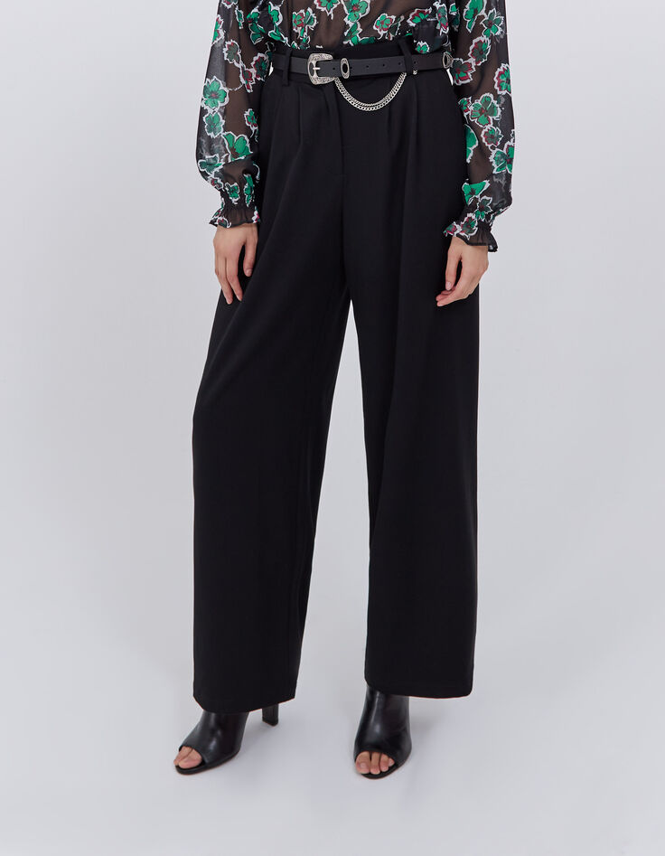 Zwarte wijde broek hoge taille ceintuur Dames-2