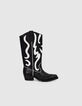 Women&rsquo;s black & white leather cowboy boots, Western seams-1