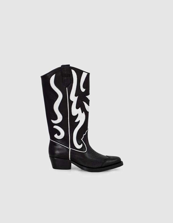 Women&rsquo;s black & white leather cowboy boots, Western seams-1
