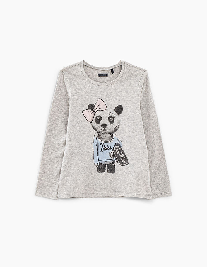 Middengrijs gechineerd T-shirt met panda meisjes - IKKS