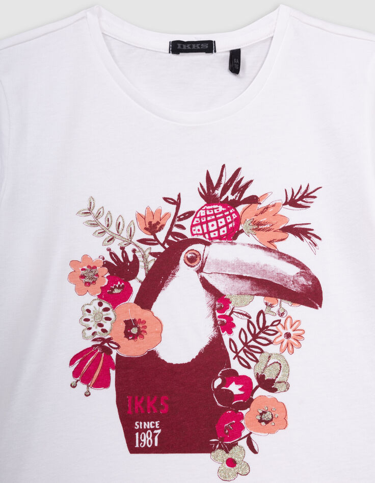 Camiseta blanca algodón tucán flores niña-2