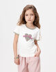 Ecru Mädchen-T-Shirt, Biowolle, Leoprint-Herzen-1