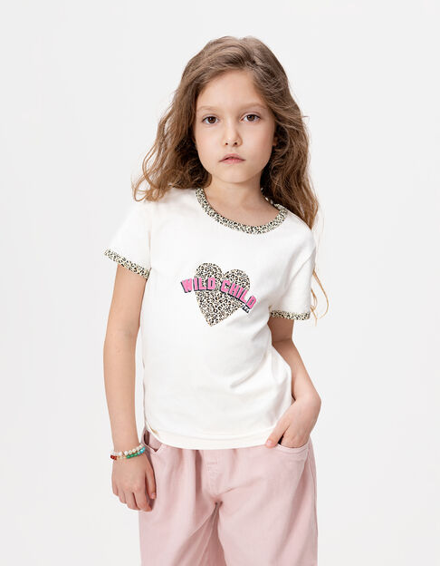 Ecru Mädchen-T-Shirt, Biowolle, Leoprint-Herzen - IKKS