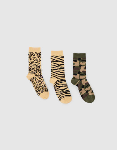 Women’s camel/black/khaki animal motif socks - IKKS