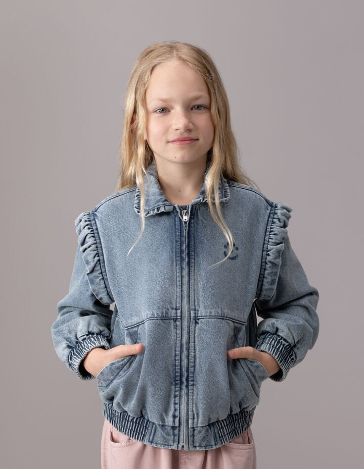 Blouson en jean bleu manches amovibles fille-3 Blouson en jean bleu manches amovibles fille-3