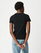 Zwart T-shirt met ronde hals en visgraatborduursel voor dames-3