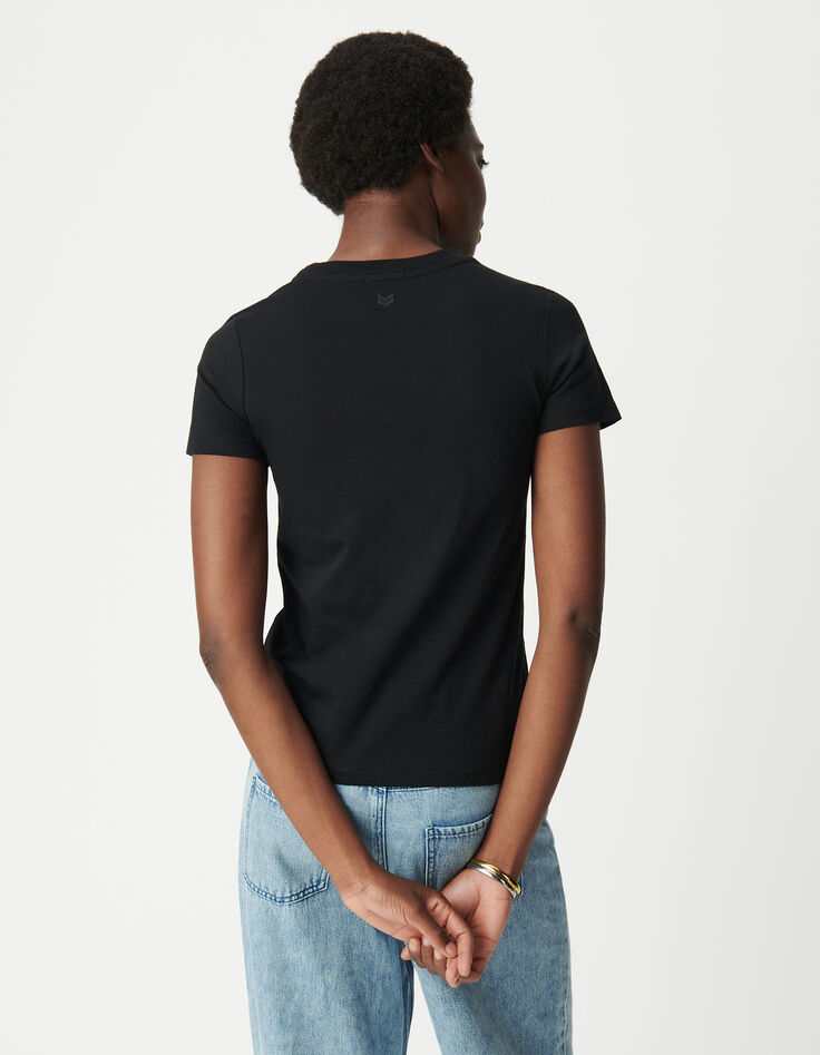 Zwart T-shirt met ronde hals en visgraatborduursel voor dames-3