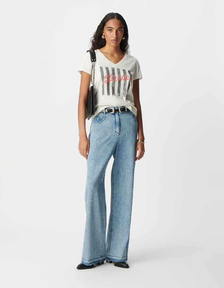 Tee-shirt rock blanc coton bio message et rayures BLONDIE Femme-1