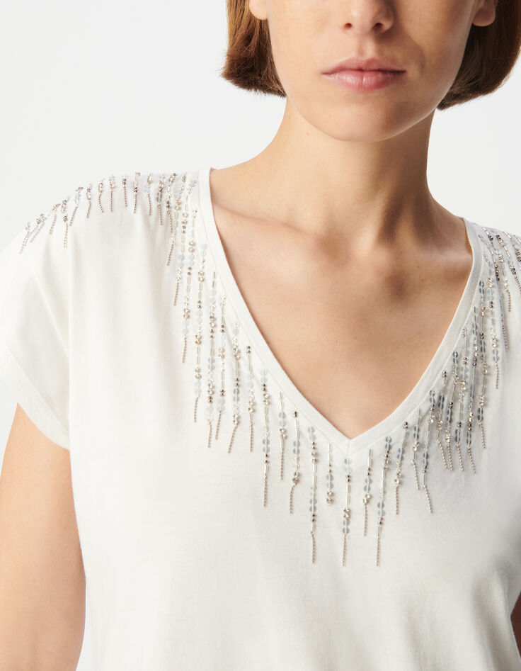 Women's white V-neck tee-shirt with jewel design-5