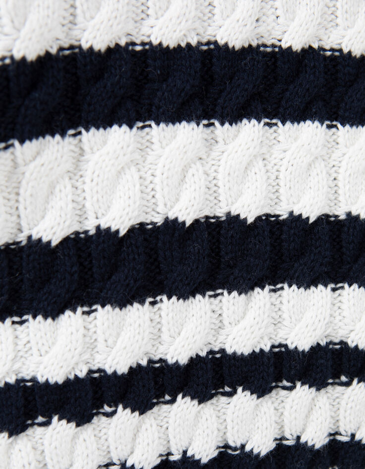 Pull écru tricot torsadé et rayures marine fille-6