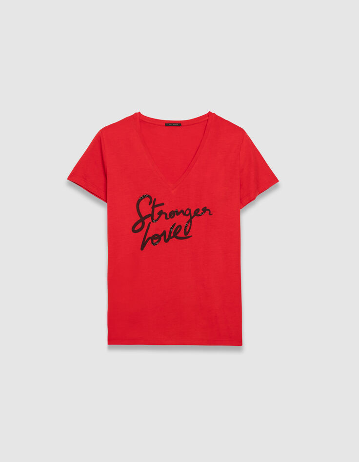 Rood T-shirt korte mouwen geborduurde tekst Dames-5 Rood T-shirt korte mouwen geborduurde tekst Dames-5