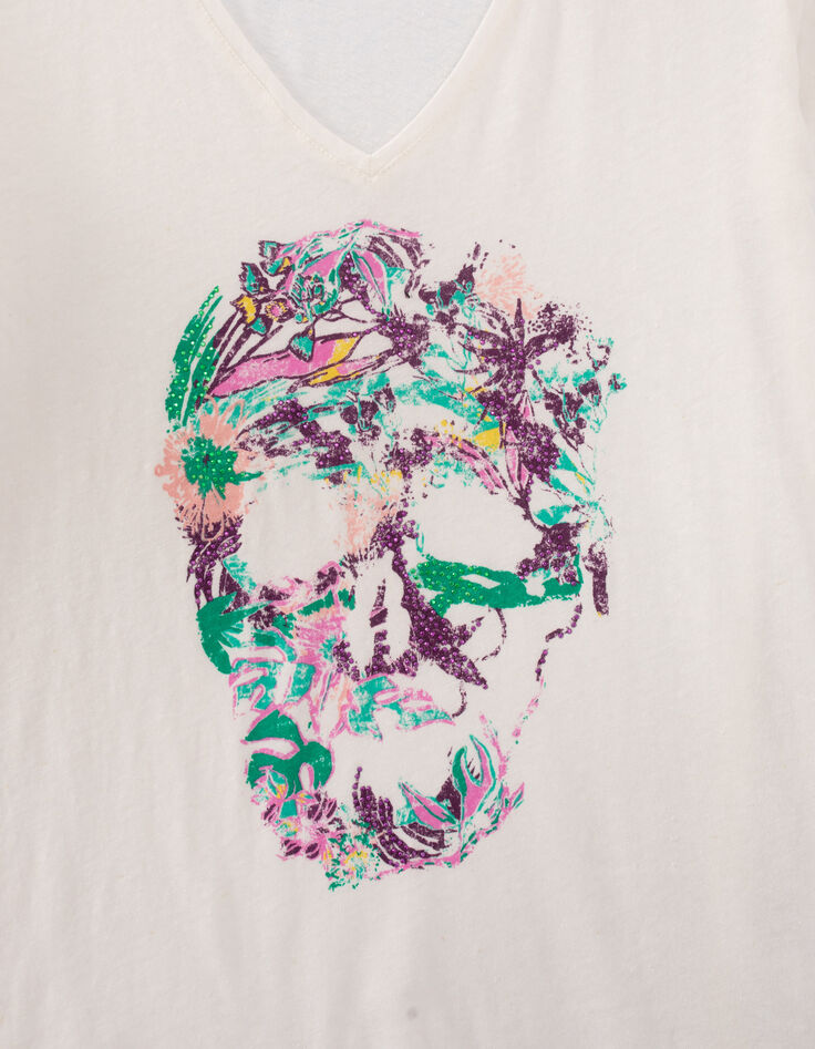 Weißes Damen-T-Shirt mit Totenkopf- und Blumenprint-2