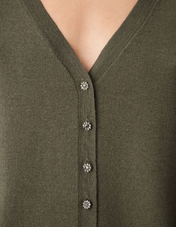 Pull col V kaki tricot 100% laine boutons strass dos Femme-5