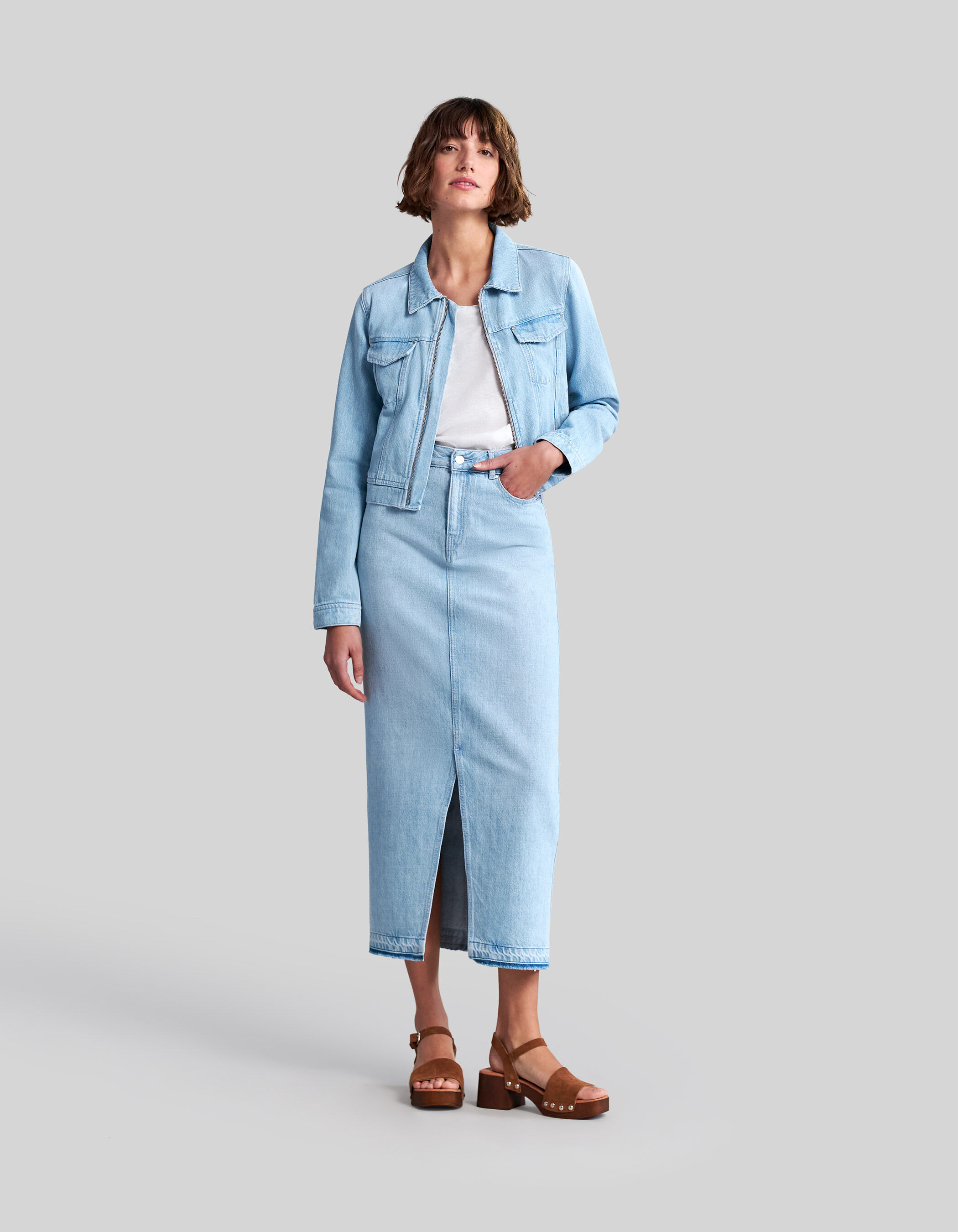 Jupe midi en jean light blue coton bio Femme IKKS