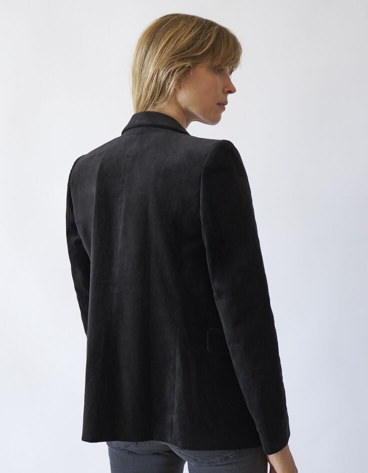 Schwarzer Damenveloursblazer mit Pattentaschen-3
