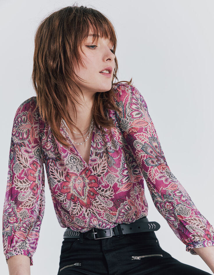 Blusa loose gasa fucsia bandana floral mujer-2