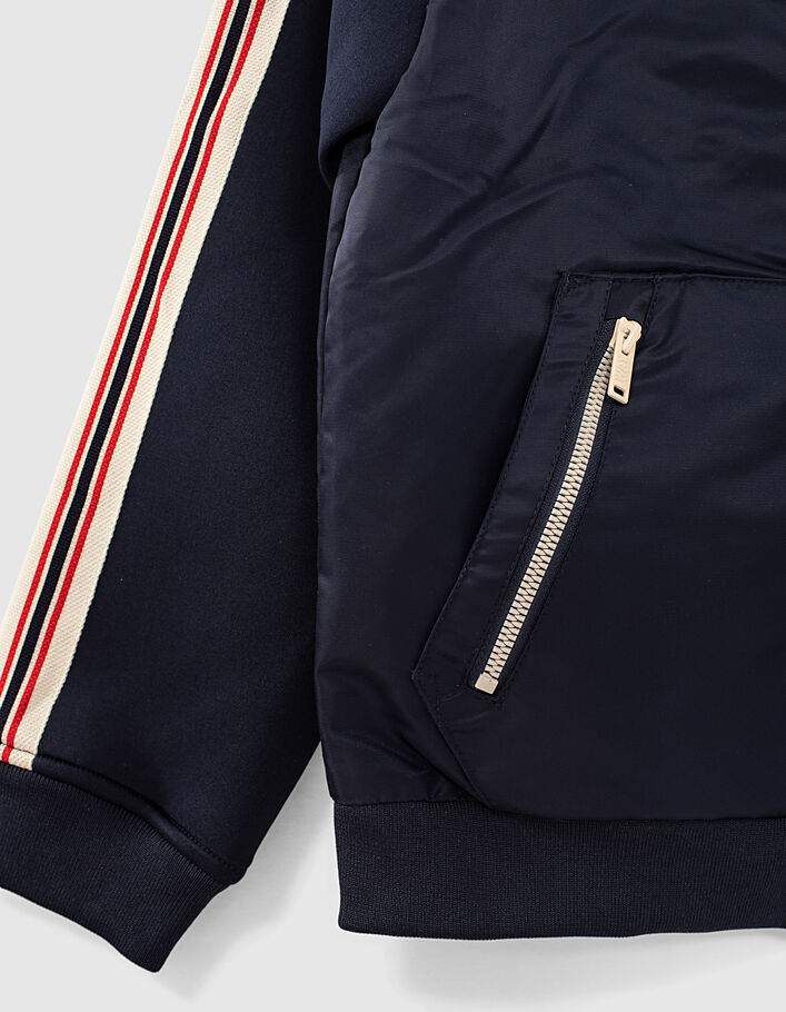 Boys’ navy mixed fabric baseball jacket with striped bands - IKKS