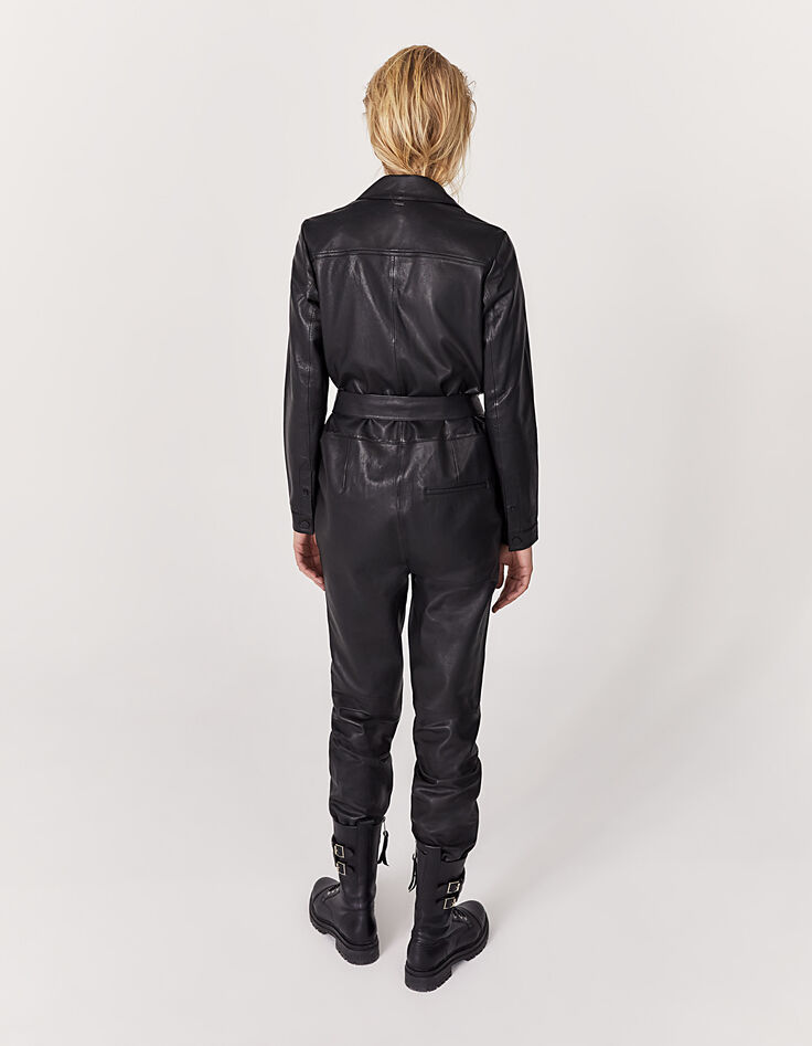 Women&rsquo;s black lambskin leather long jumpsuit-2
