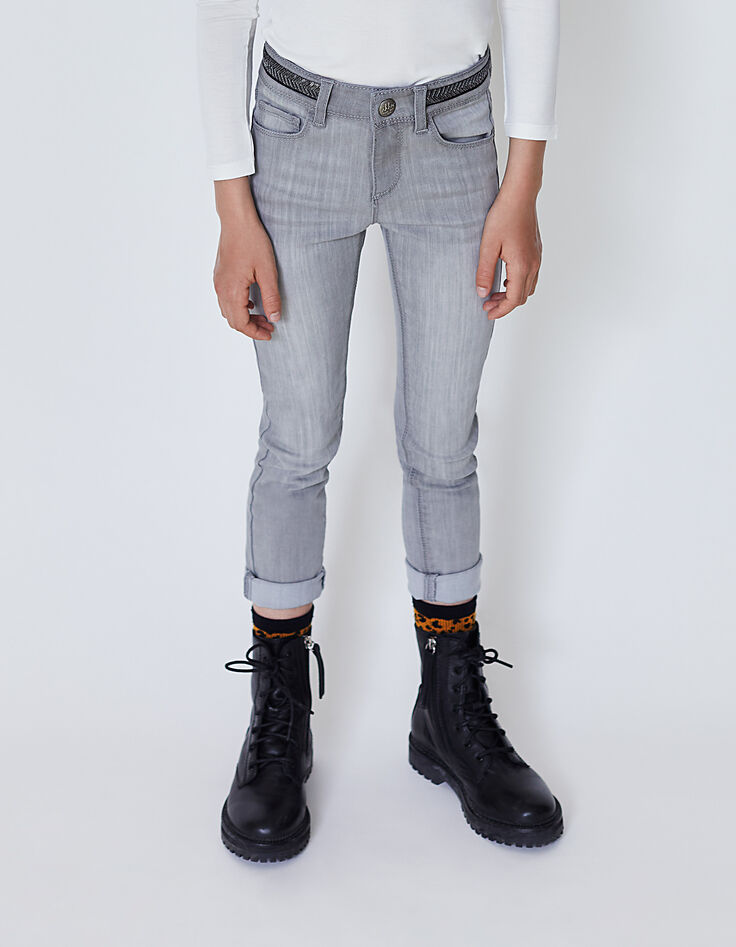 Jean slim light grey brod&eacute; sequins &agrave; la taille fille -1