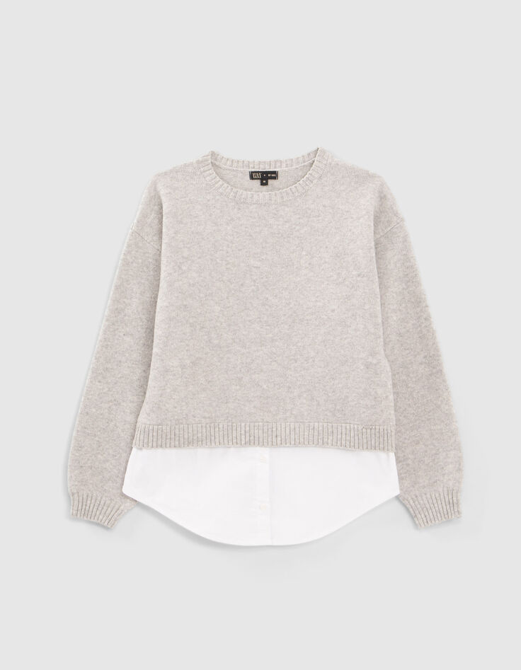 Grauer M&auml;dchenstrickpullover mit Trompe-l&lsquo;oeil-Bluse-1