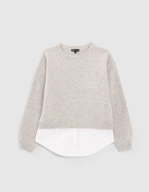 Girls’ grey knit sweater with trompe-l'oeil shirt