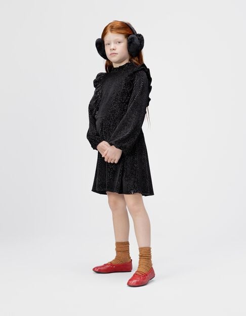 Schwarzes Kleid aus Velours mit Rüschendetails, Mädchen - IKKS