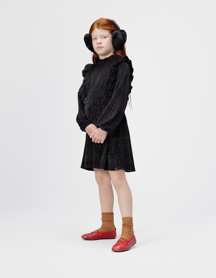Schwarzes Kleid aus Velours mit Rüschendetails, Mädchen-1 Schwarzes Kleid aus Velours mit Rüschendetails, Mädchen-1