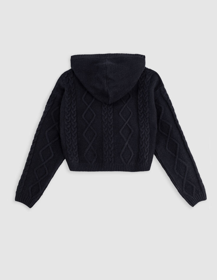 Schwarzer Zopfstrick-Kapuzenpullover für Mädchen-2