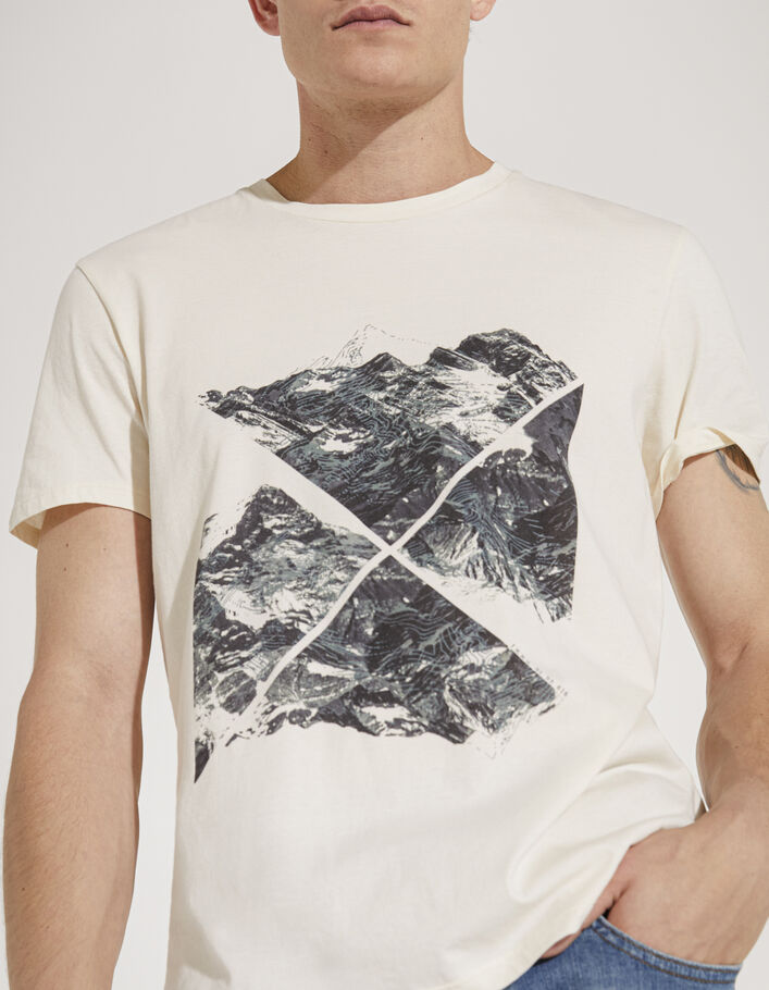 Cremeweißes Herren-T-Shirt mit khaki Bergmotiv - IKKS