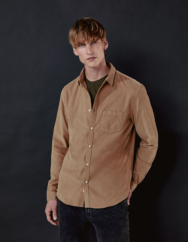 Chemise SLIM beige foncé velours milleraies Homme-2