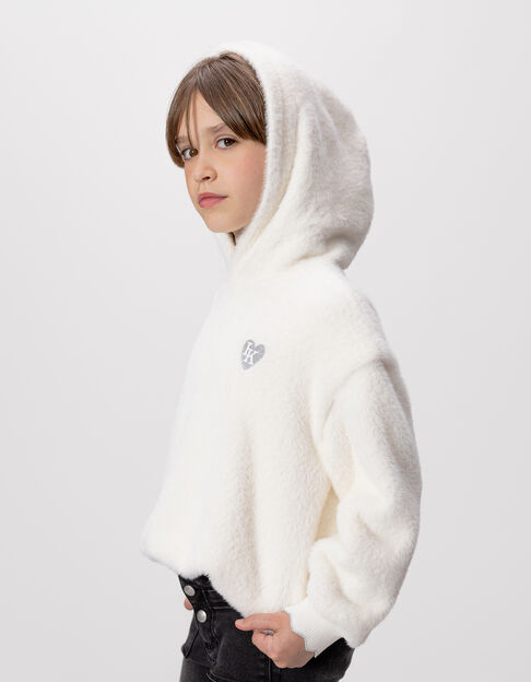 Sweat à capuche écru tout doux badge coeur fille - IKKS